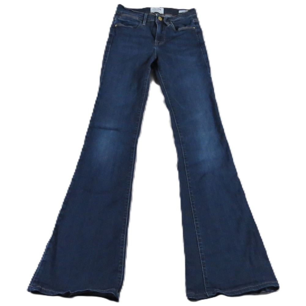 FRAME Le High Flare Jeans Women W25 L30 Dark Wash Stretch Denim Blue Flare Raw